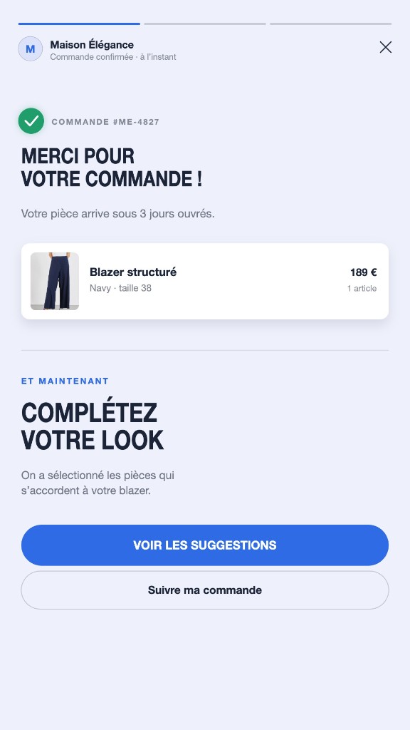Confirmation de commande, parcours vidéo e-commerce Maison Élégance